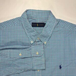 Ralph Lauren Shirt Mens XL Blue Teal Check Gingham Navy Pony Logo Button Down